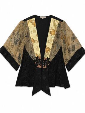 Spencer Alexis Women's Kimono Jacket Black Gold Mixed Print Silk Blend Size 1X